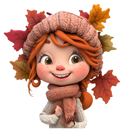 Autumn Girl Cartoon with Leaves and Warm Clothing