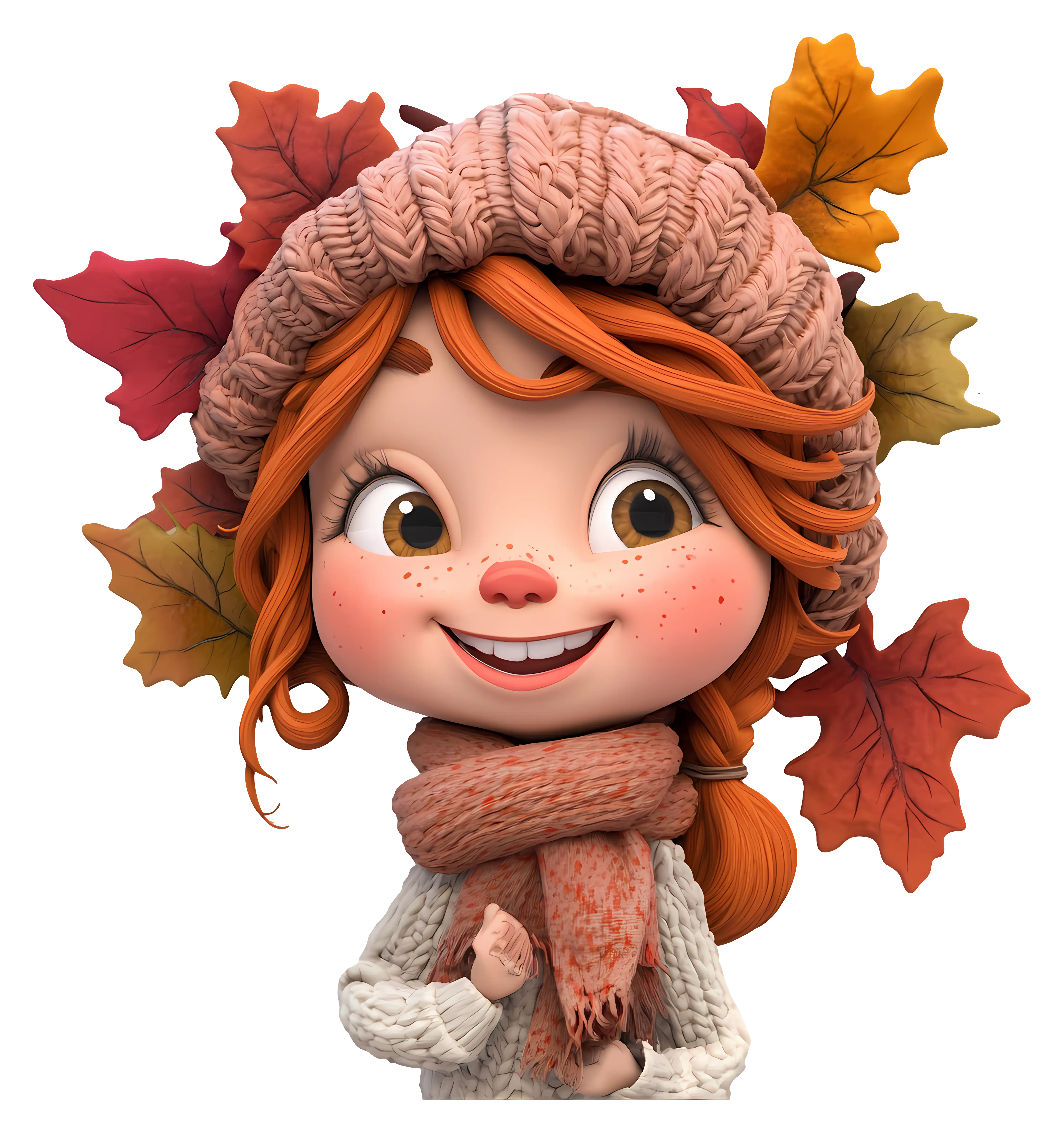 Autumn Girl Cartoon with Leaves and Warm Clothing