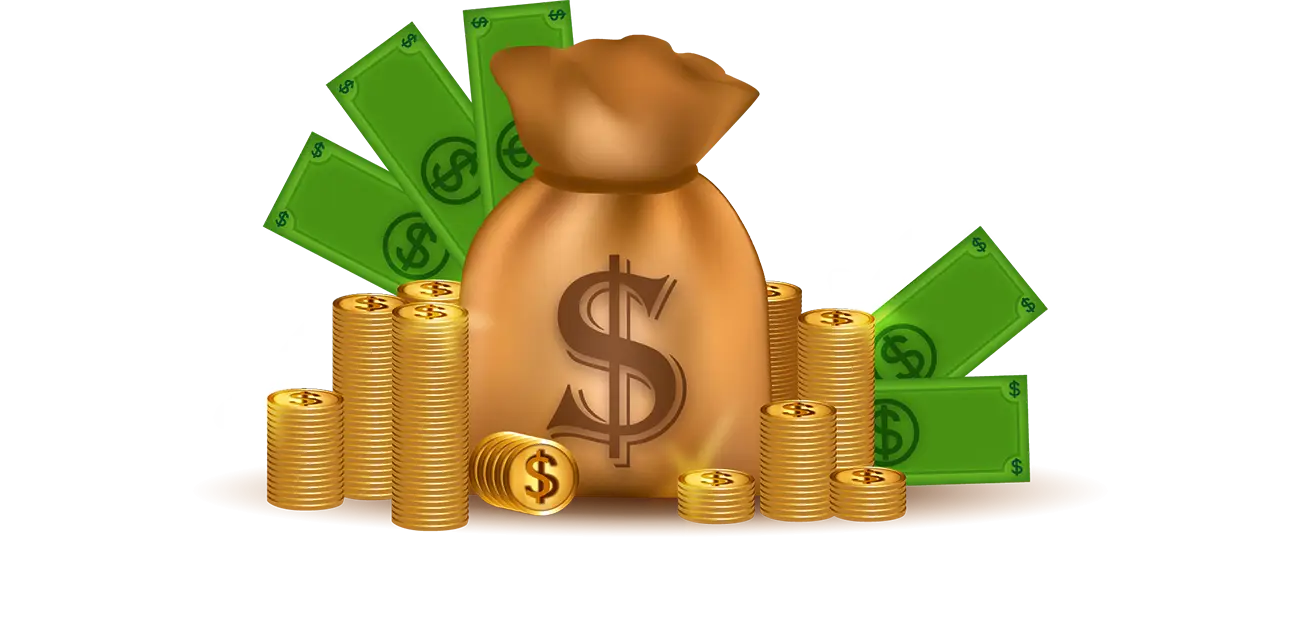 Money Bag Surrounded by Coins and Cash