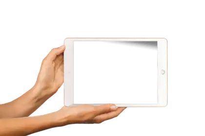 Hands Holding a White Tablet with a Blank Screen