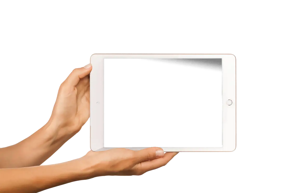Hands Holding a White Tablet with a Blank Screen