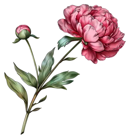 Pink Peony Flower with Green Leaves Illustration
