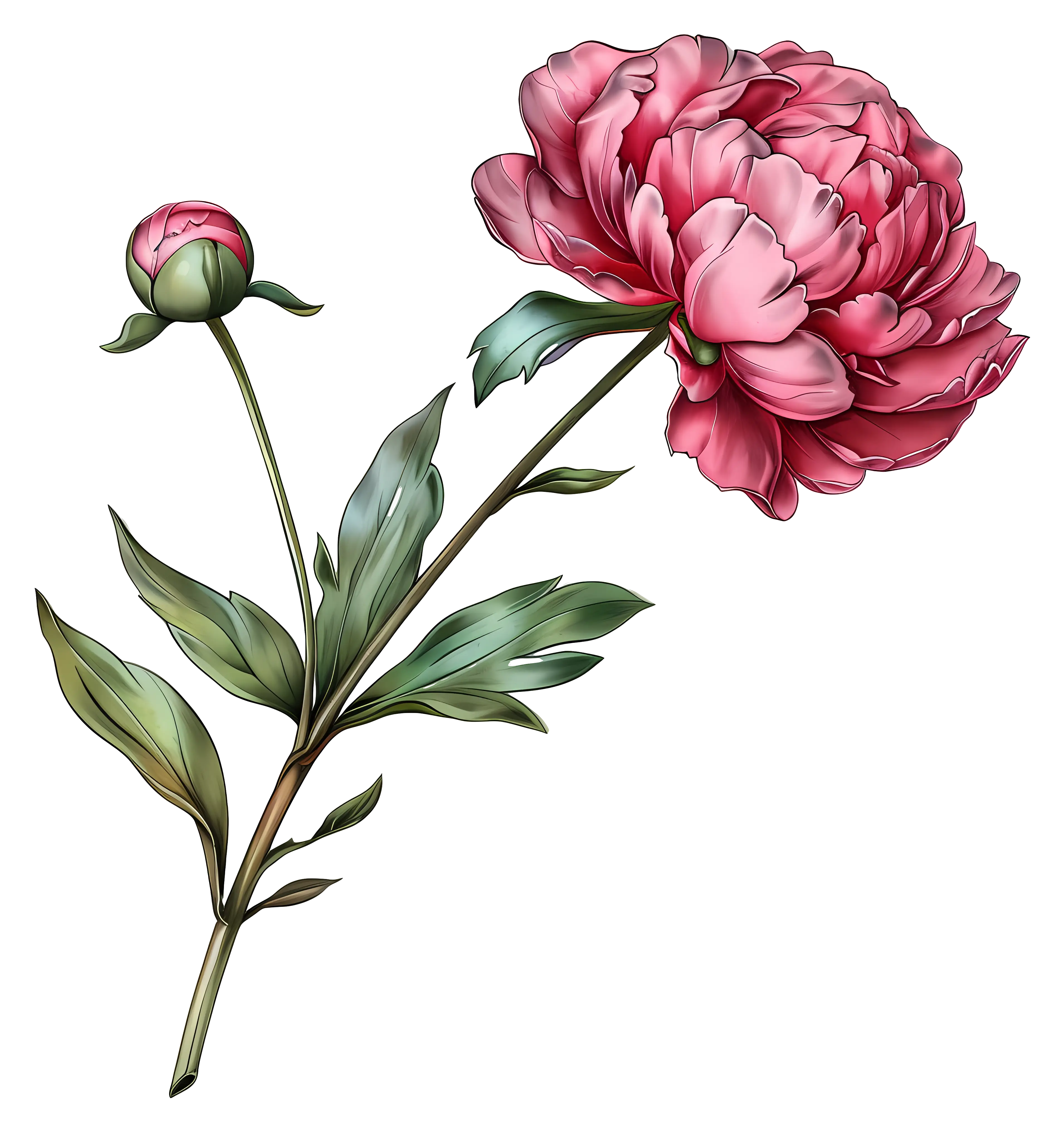 Pink Peony Flower with Green Leaves Illustration