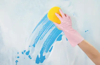 Hand Holding a Cleaning Sponge with Soap