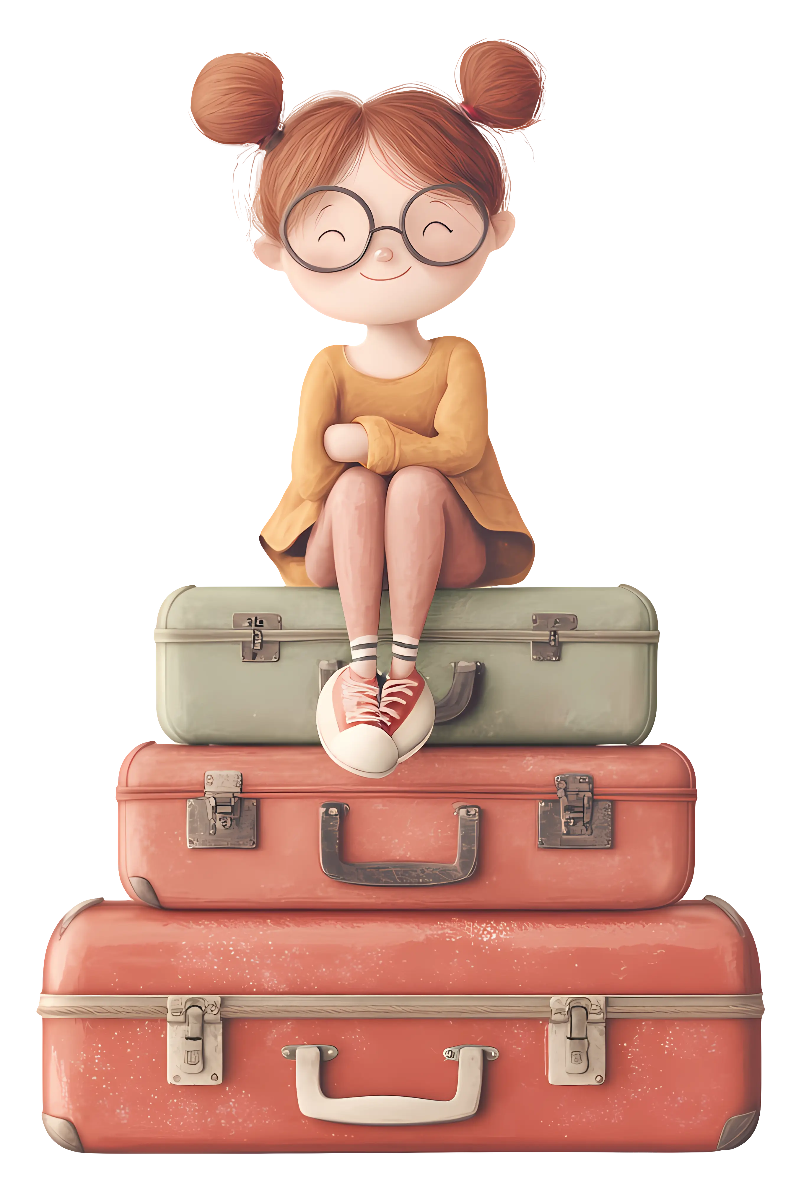 Girl Sitting on Stacked Suitcases