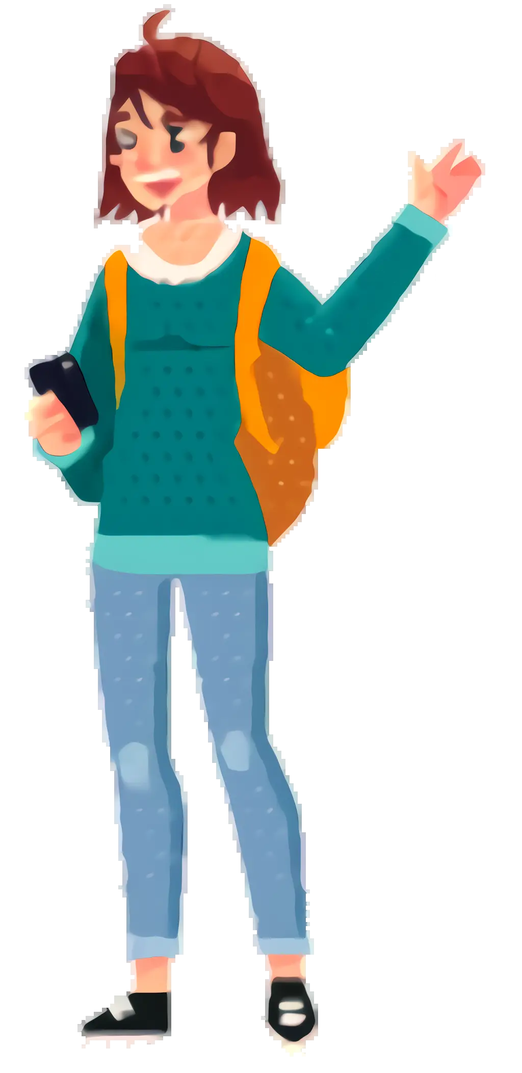 Cartoon Woman Holding Phone and Waving