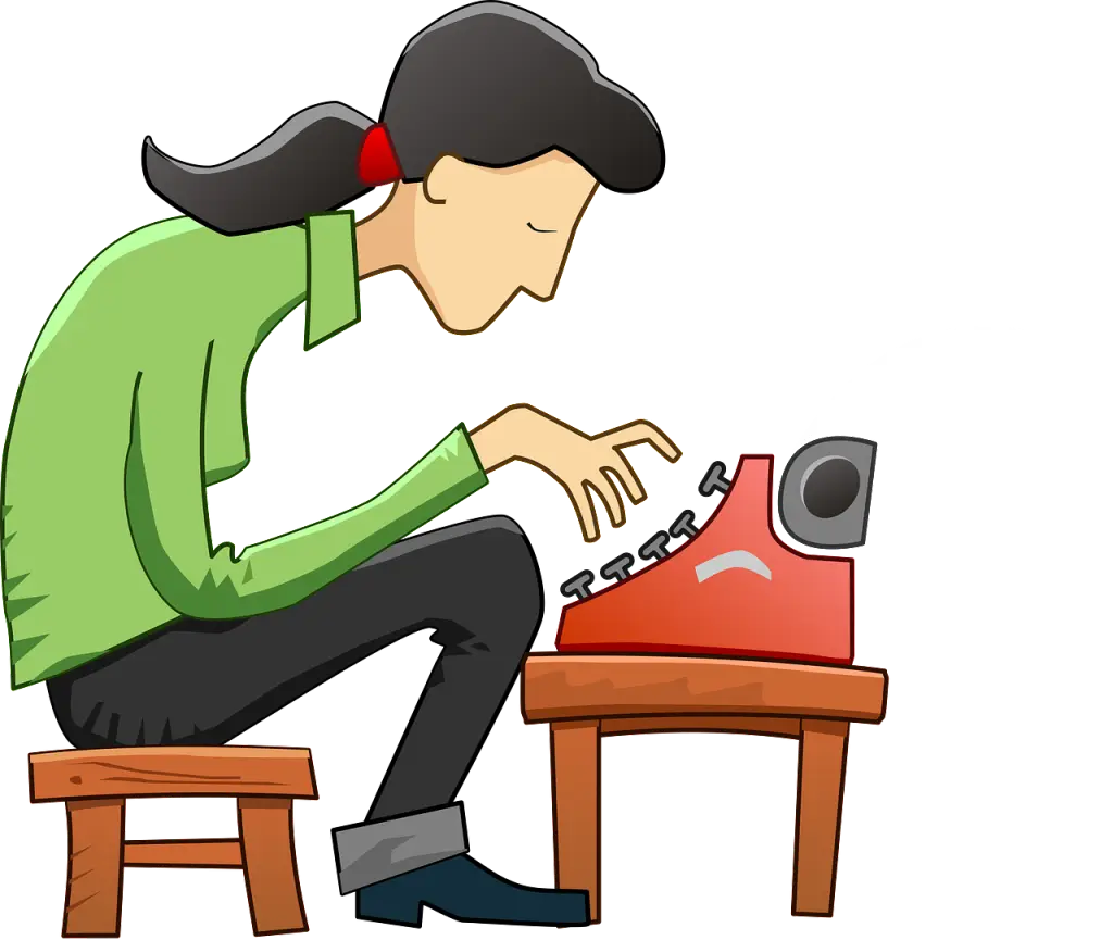 Woman Typing on Typewriter Cartoon