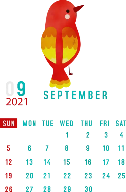 September 2021 Calendar with Red and Yellow Bird