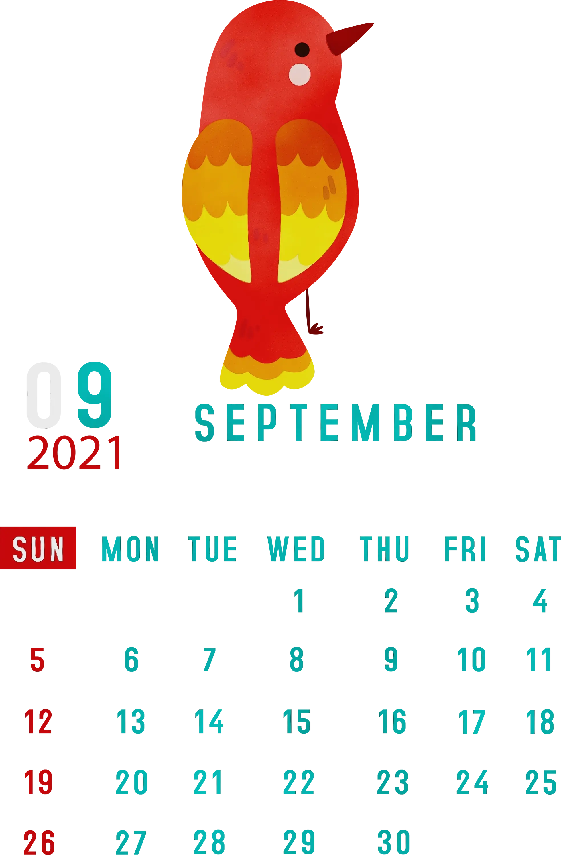 September 2021 Calendar with Red and Yellow Bird