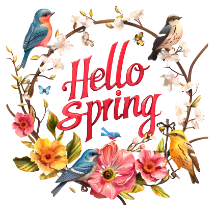 Hello Spring Graphic with Floral and Bird Motifs