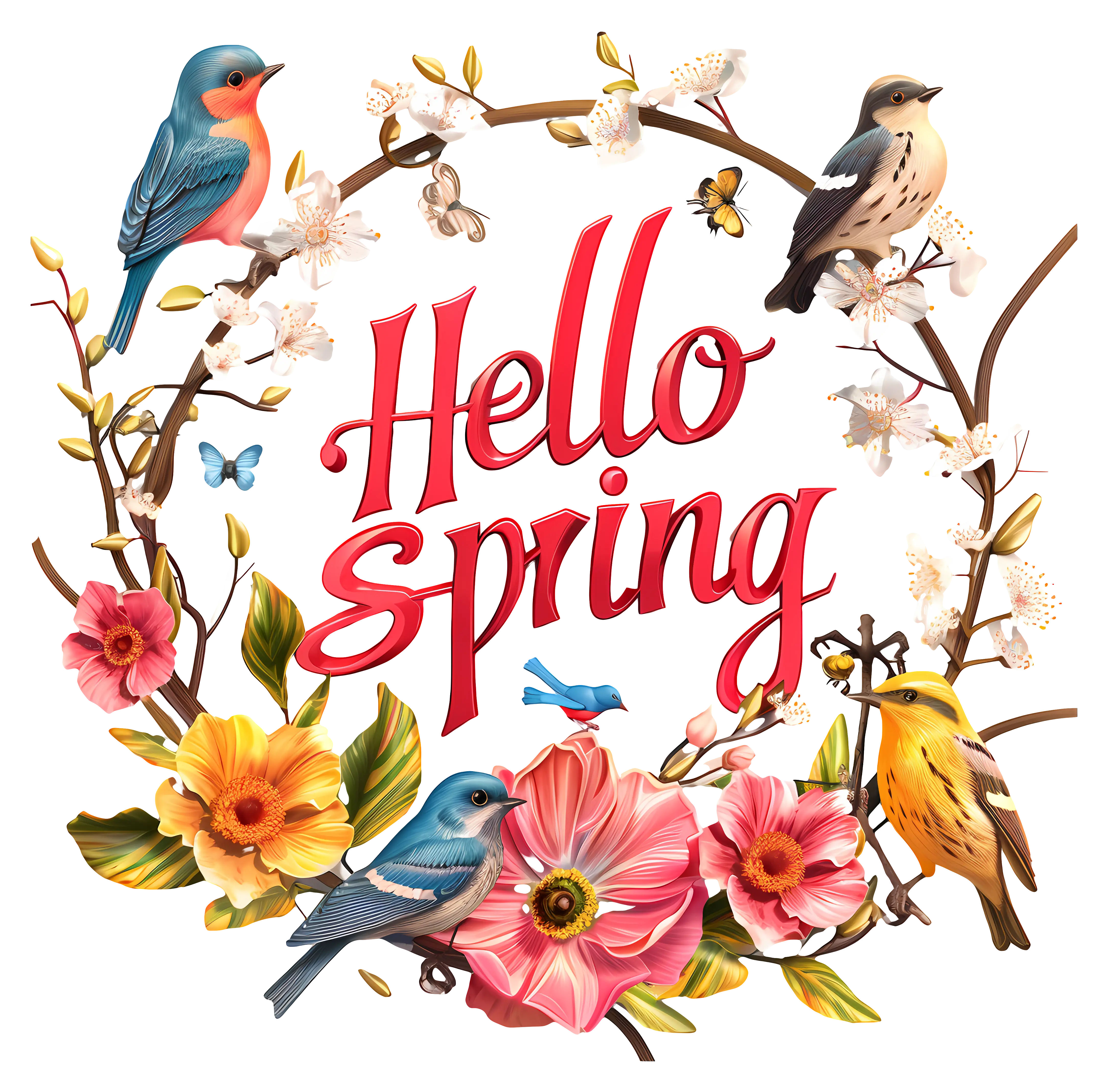 Hello Spring Graphic with Floral and Bird Motifs