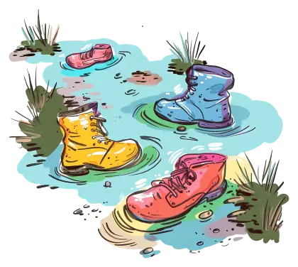Colorful Boots in Water Puddles