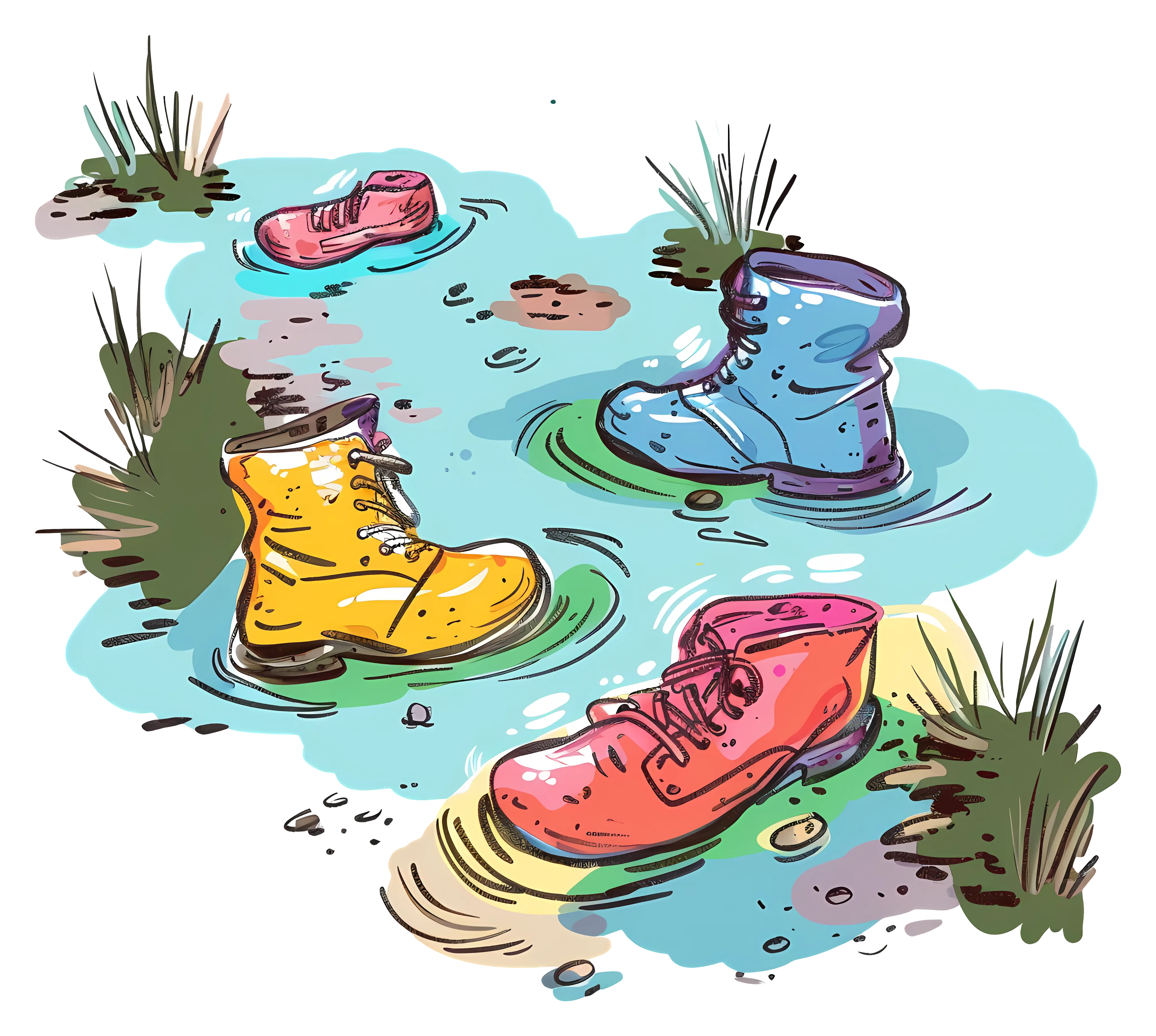 Colorful Boots in Water Puddles