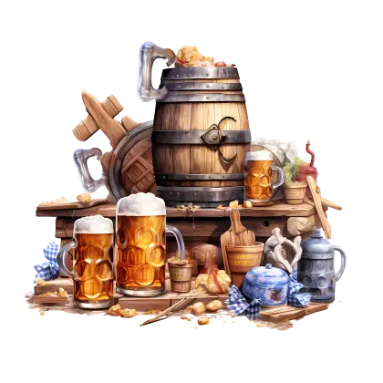 Beer and Barrel with Mugs and Brewery Items