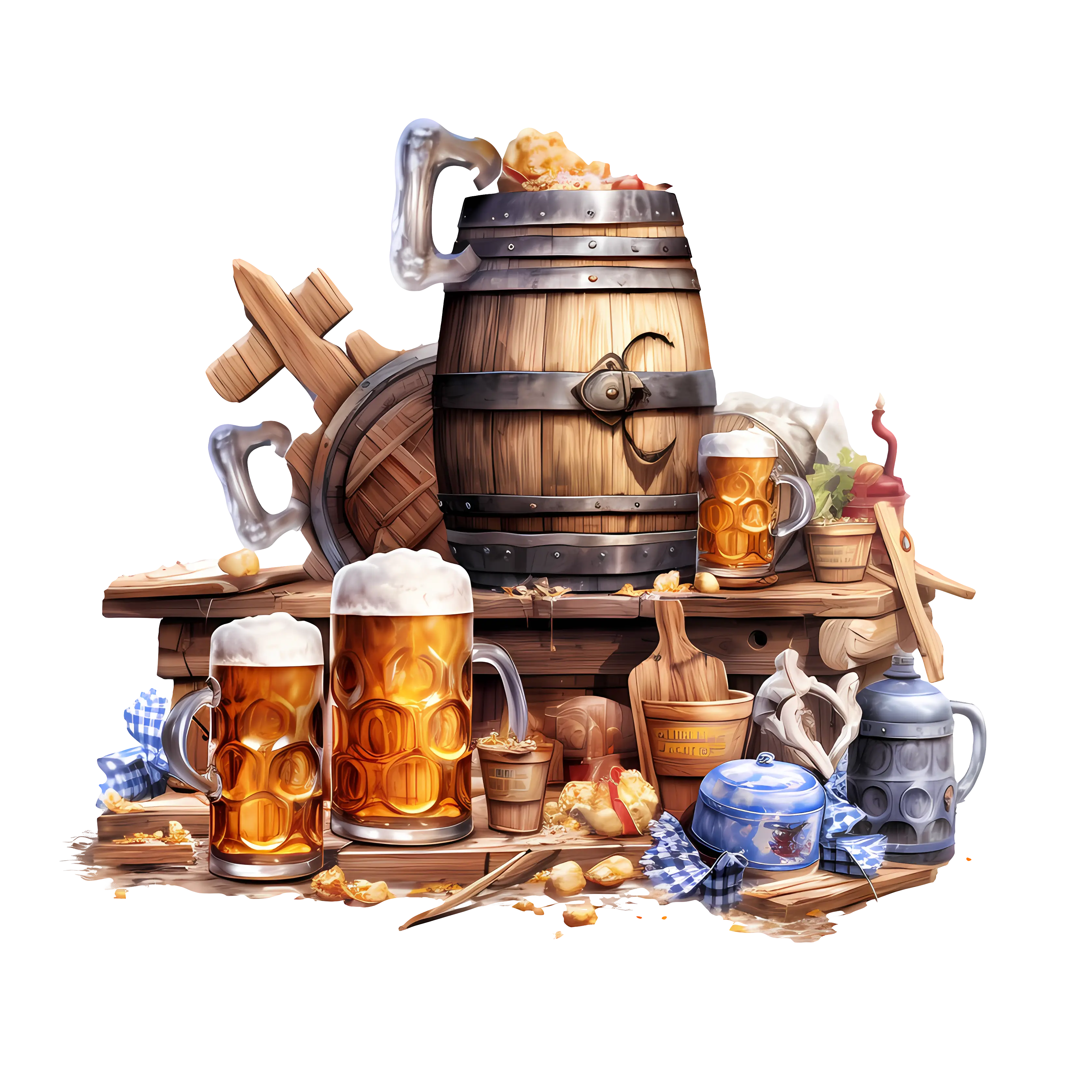 Beer and Barrel with Mugs and Brewery Items
