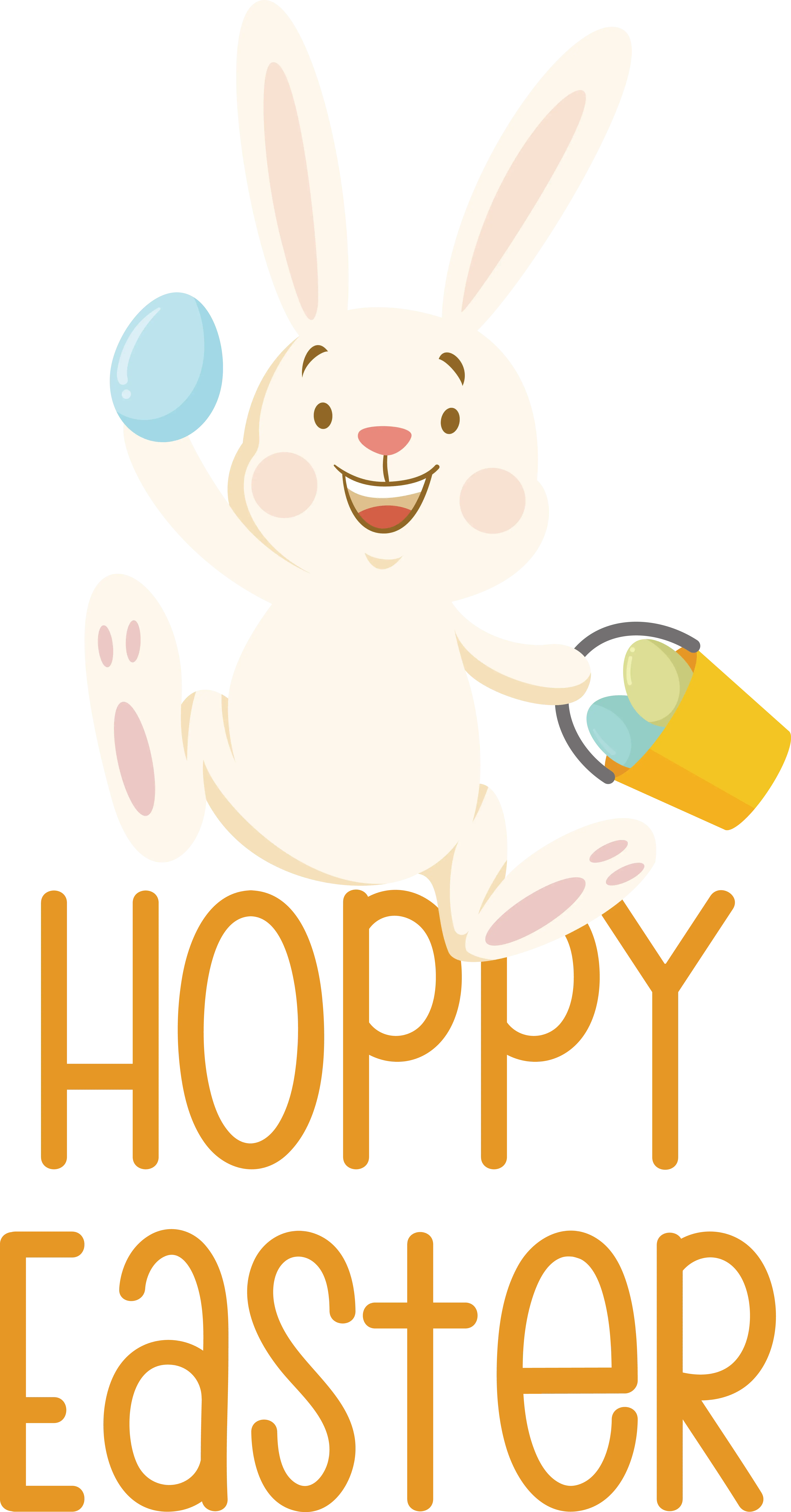 Cheerful Easter Bunny with Egg and Bucket, 'Hoppy Easter' Text