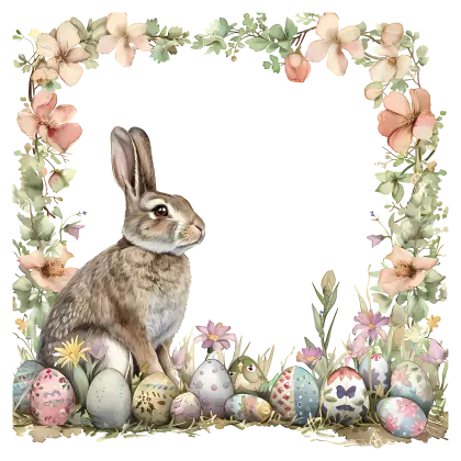 Easter Bunny and Decorated Eggs with Floral Frame