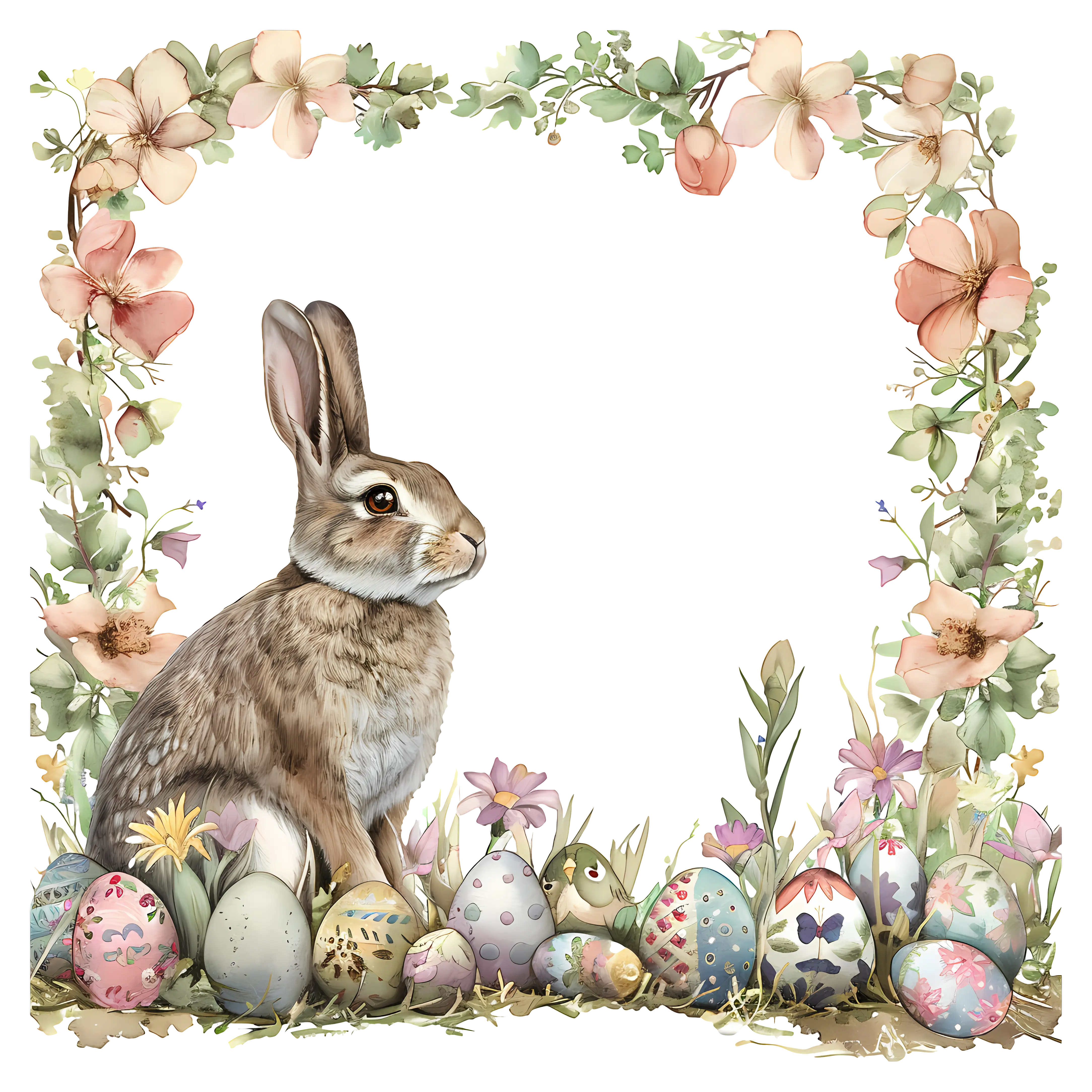 Easter Bunny and Decorated Eggs with Floral Frame