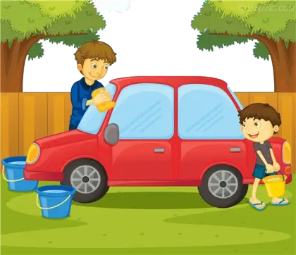 Family Washing Red Car