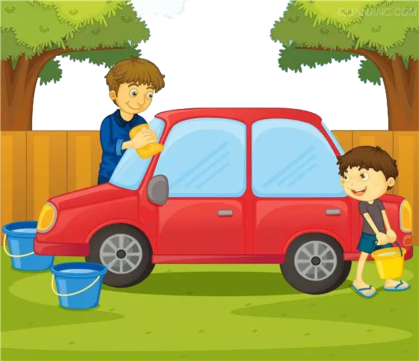 Family Washing Red Car