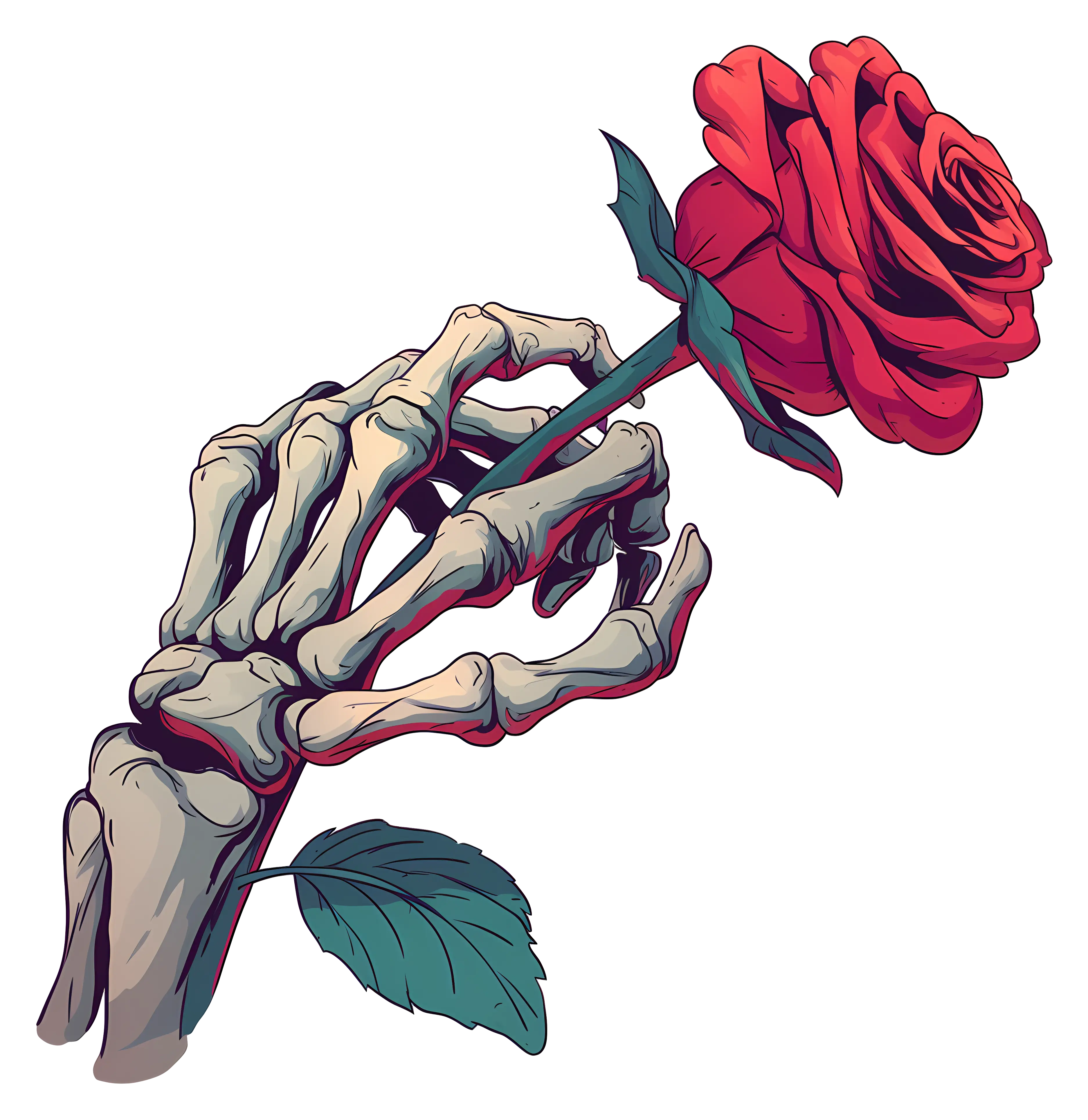 Skeleton Hand Holding a Red Rose