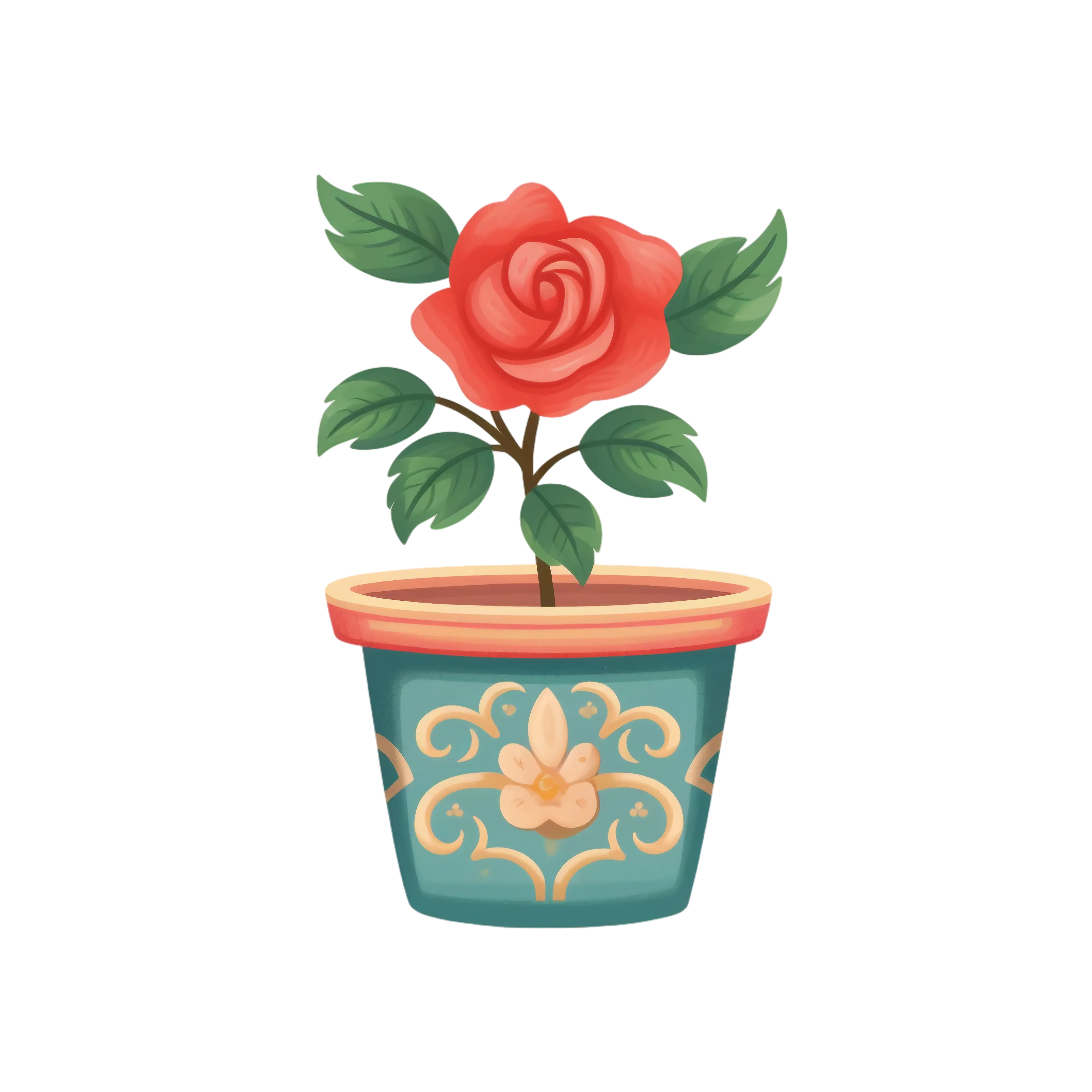 Red Rose Growing in Beautiful Pot