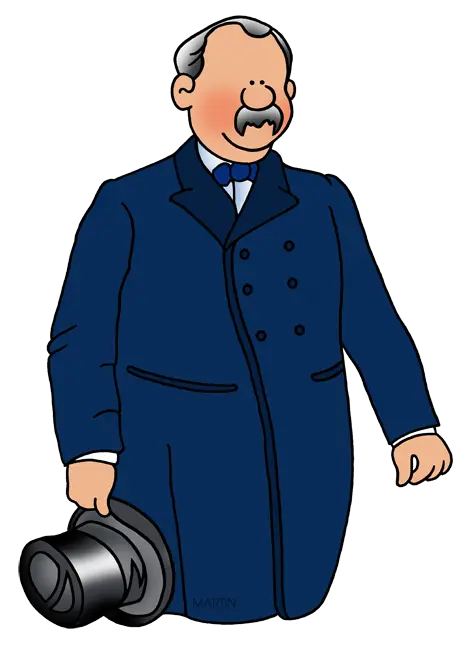 Cartoon Man in Blue Suit Holding Hat