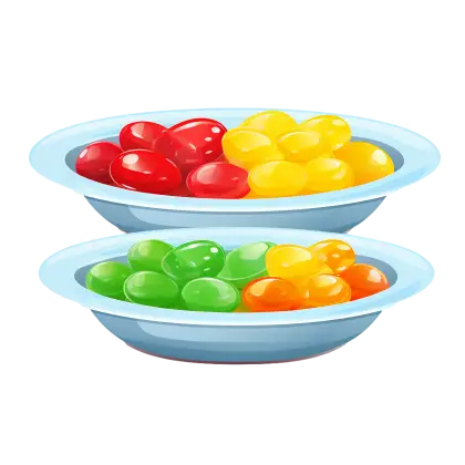 Colorful Jelly Beans in Blue Bowls