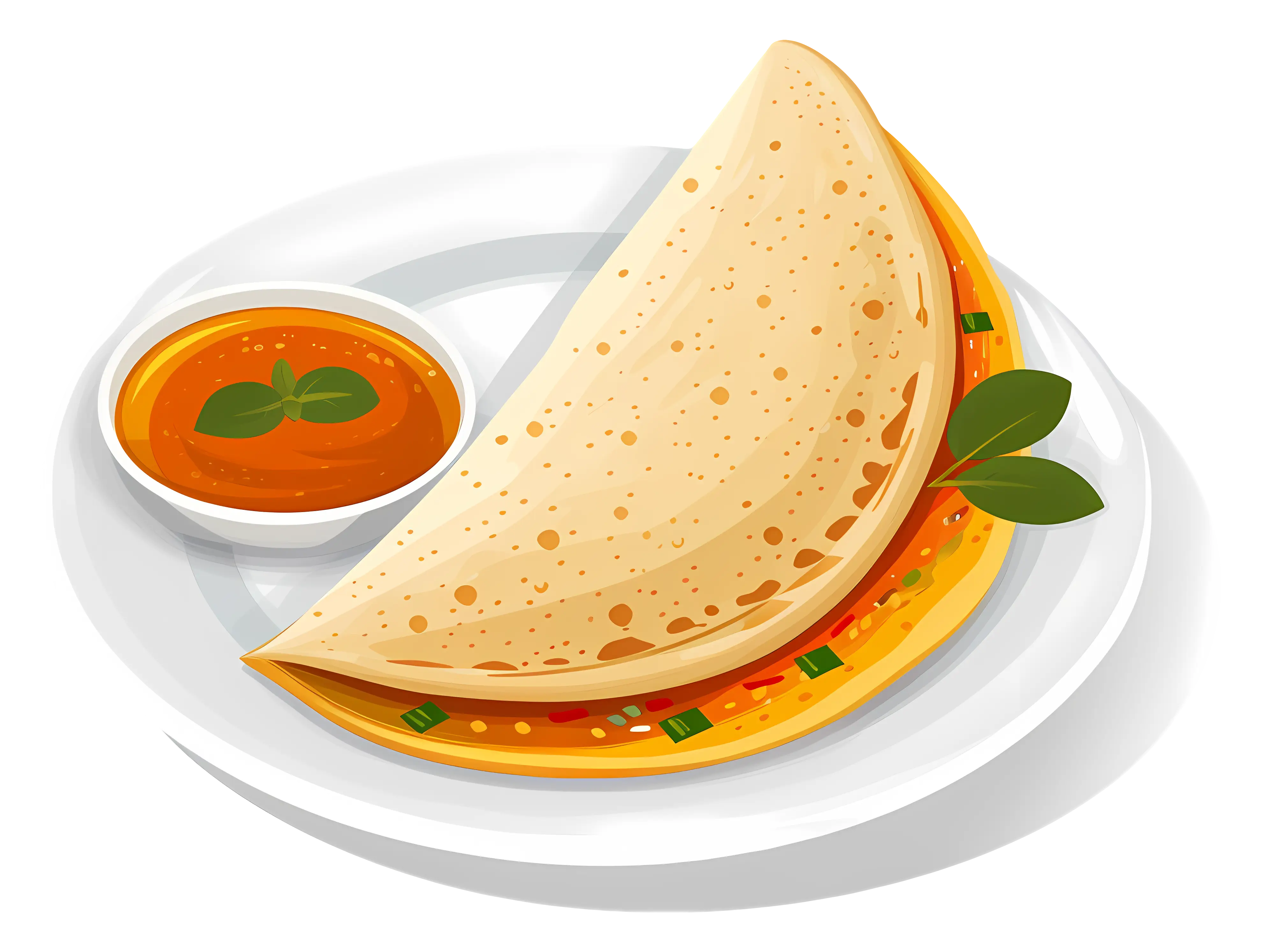 Illustration of a Dosa with Chutney on White Plate