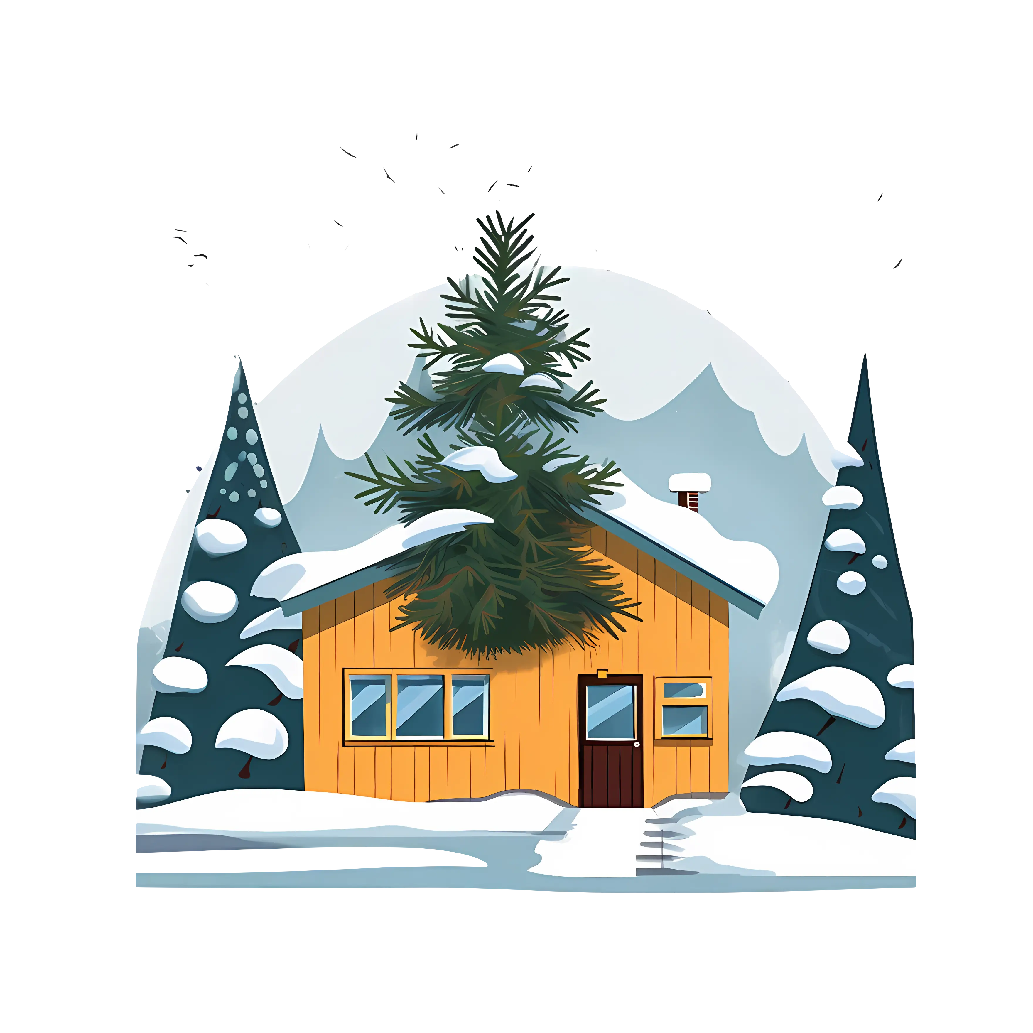 Yellow Wooden Cabin in a Snowy Winter Landscape