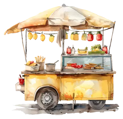 Yellow Food Cart with Snacks and Umbrella