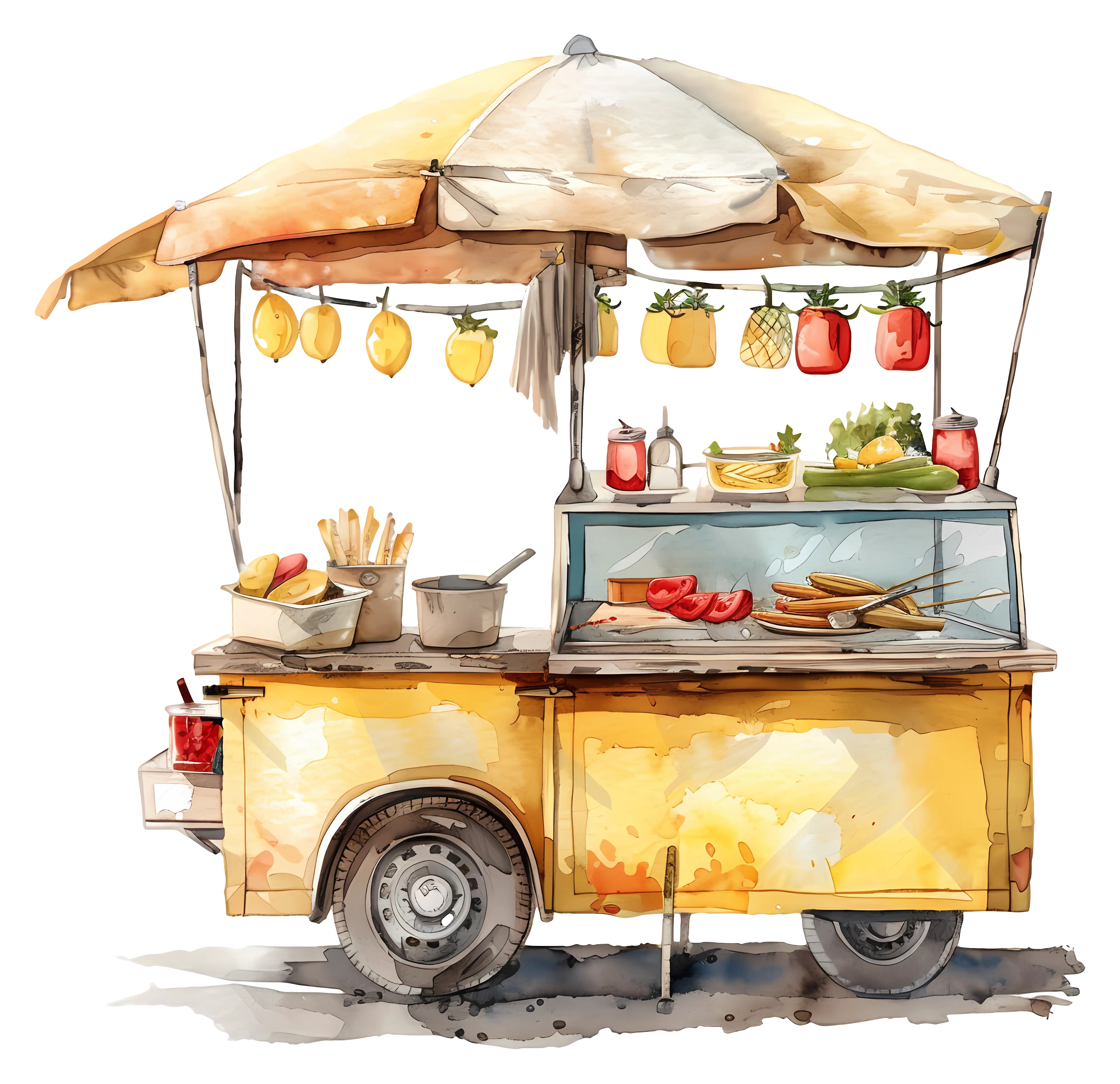 Yellow Food Cart with Snacks and Umbrella