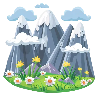 Snowy Mountains with Flowers and Clouds
