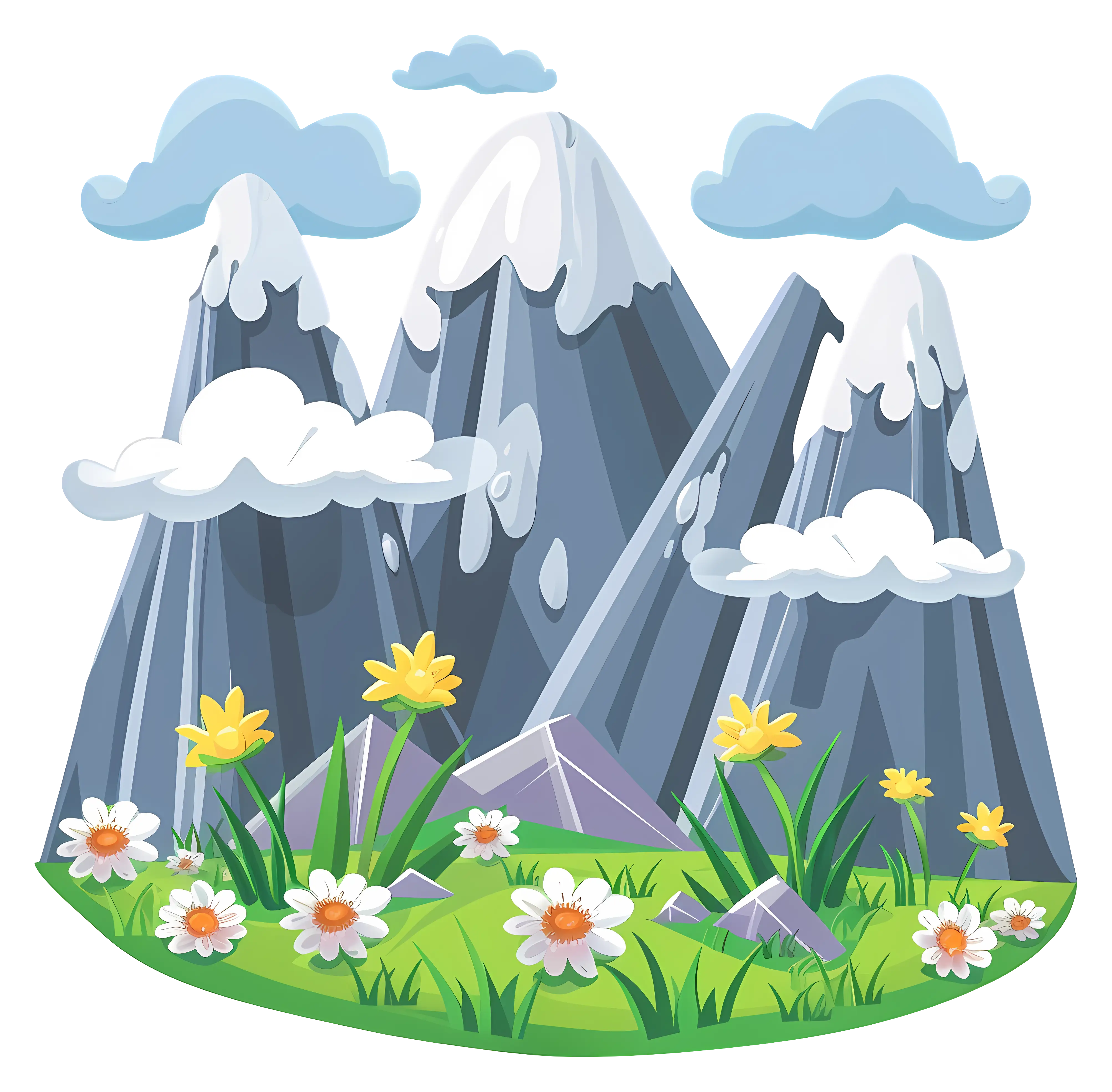 Snowy Mountains with Flowers and Clouds