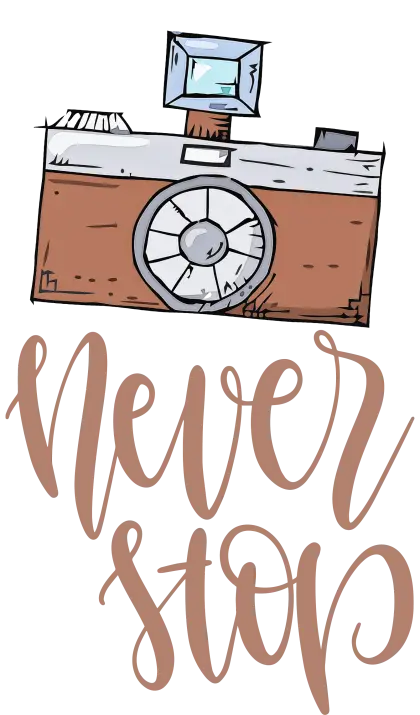 Vintage Camera Illustration with &#039;Never Stop&#039; Text