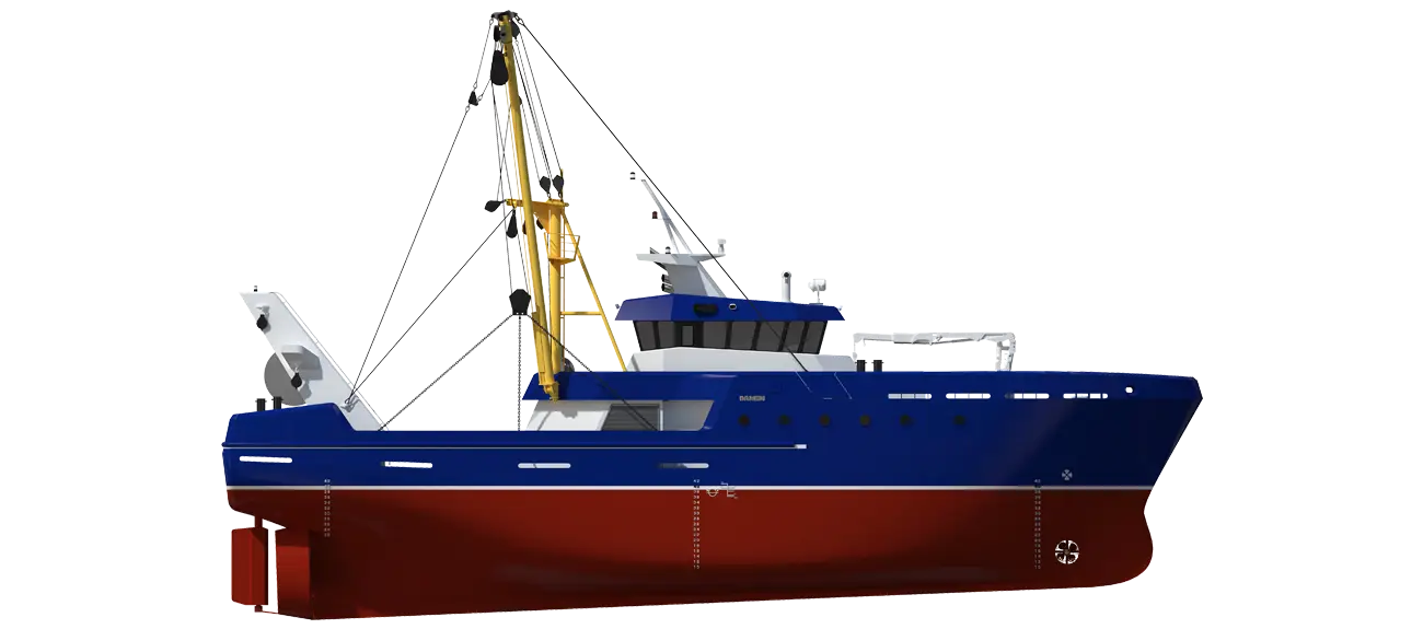 Large Blue and Red Fishing Boat with Equipment