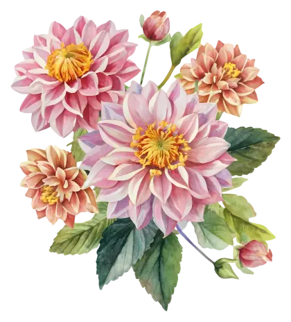 Pink Dahlia Flowers in Botanical Illustration