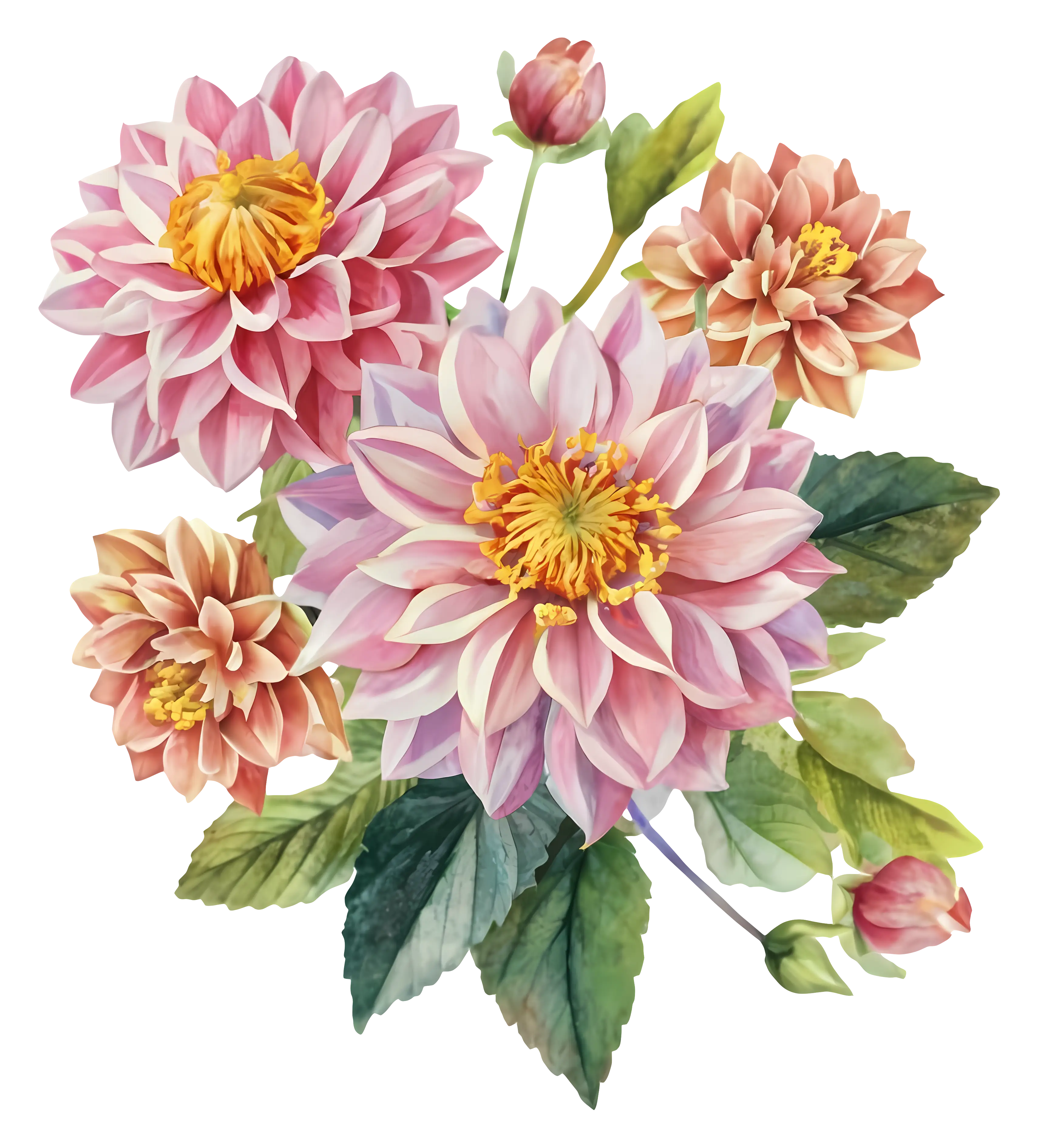 Pink Dahlia Flowers in Botanical Illustration