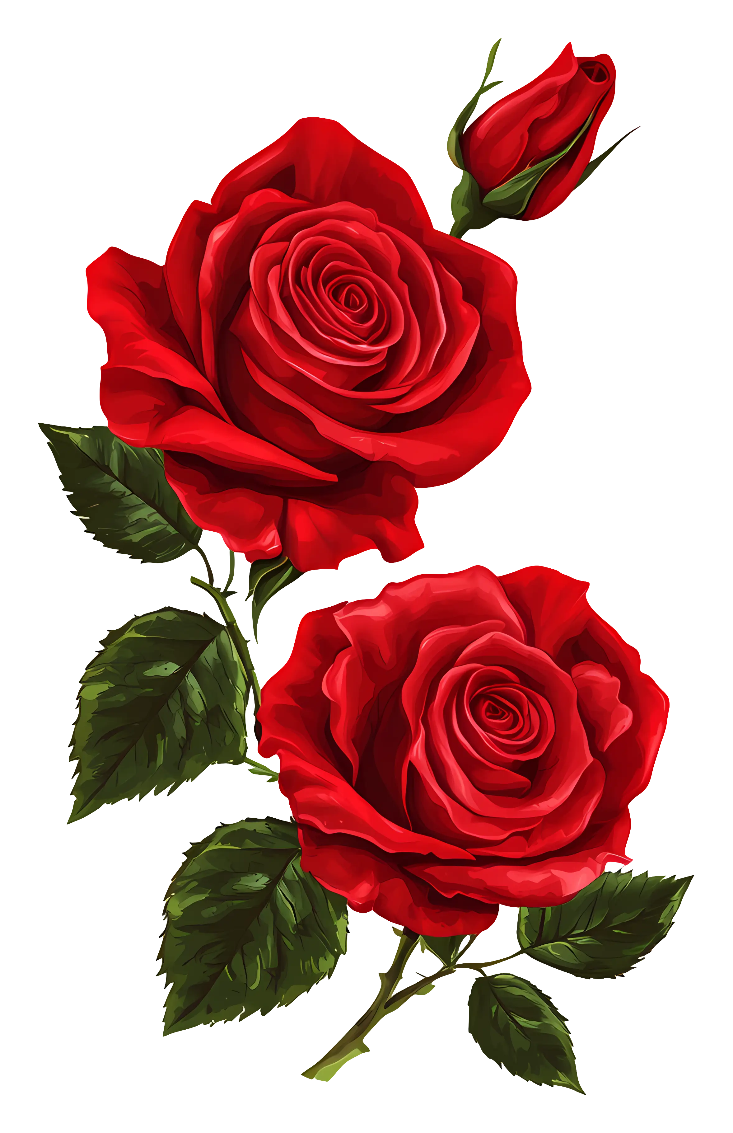 Beautiful Red Rose with Stem and Leaves
