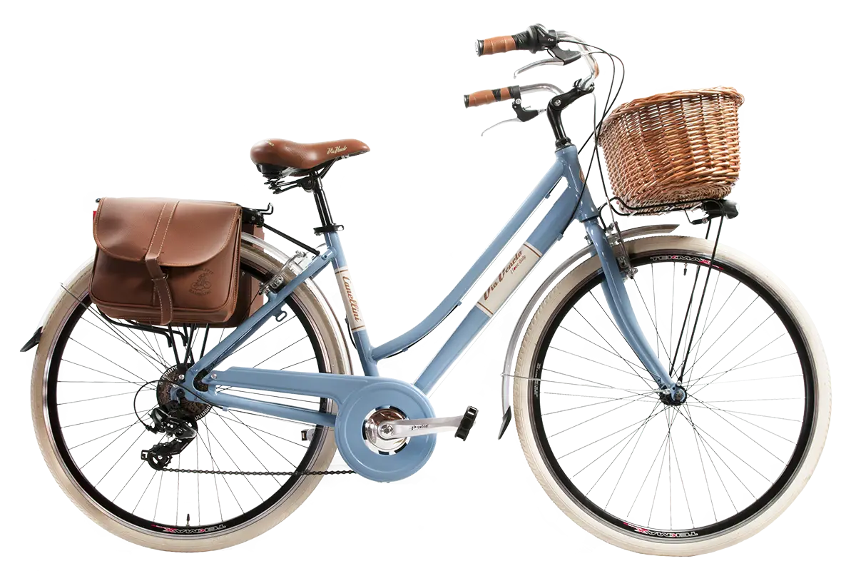Elegant Blue Bicycle with Leather Seat and Basket