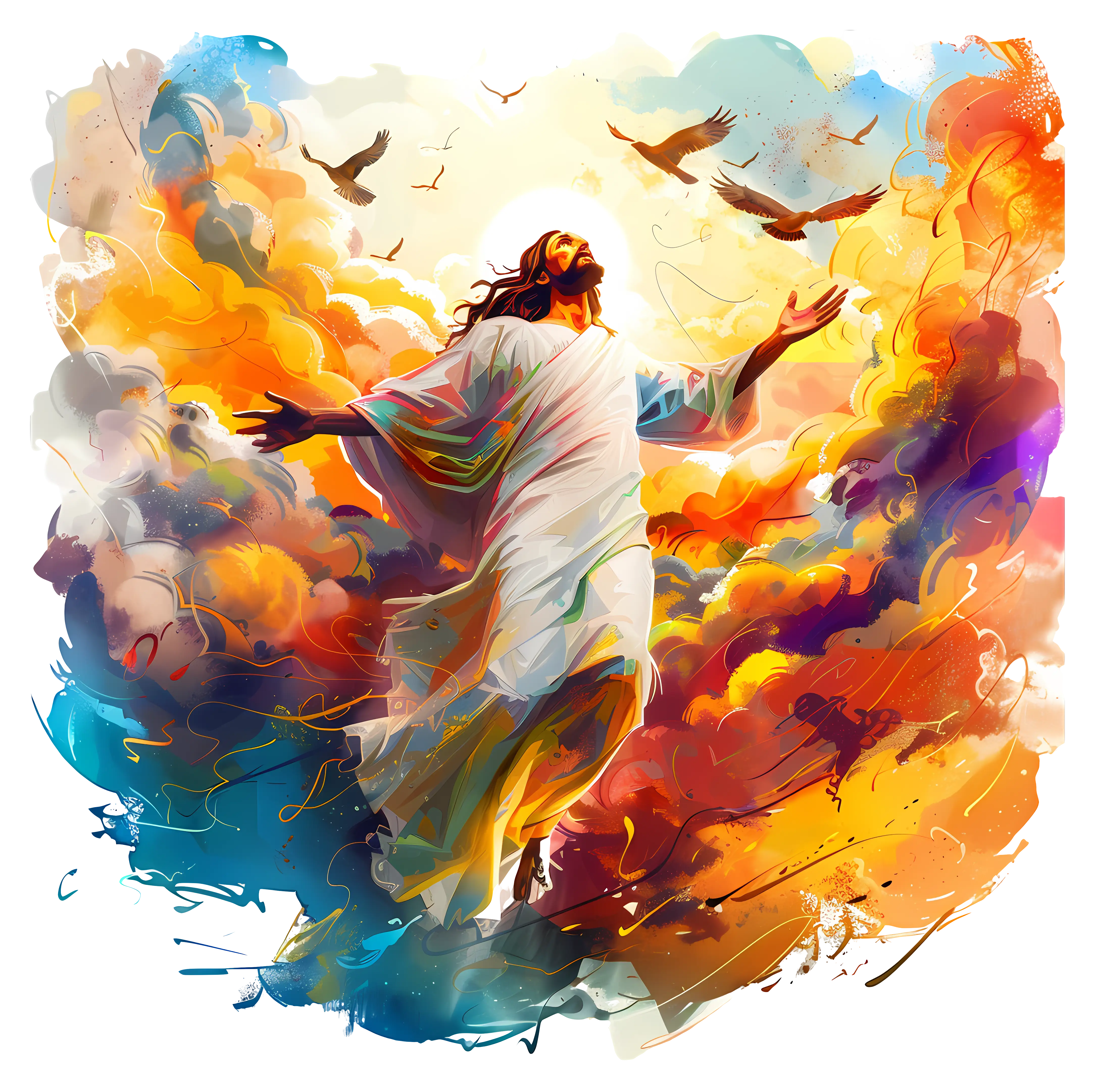 Jesus Ascending with Birds in the Sky