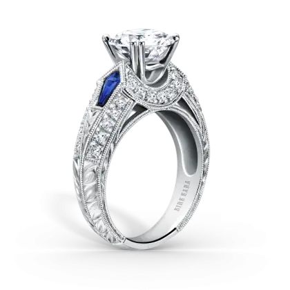Ornate Diamond Ring with Blue Gemstone Accents