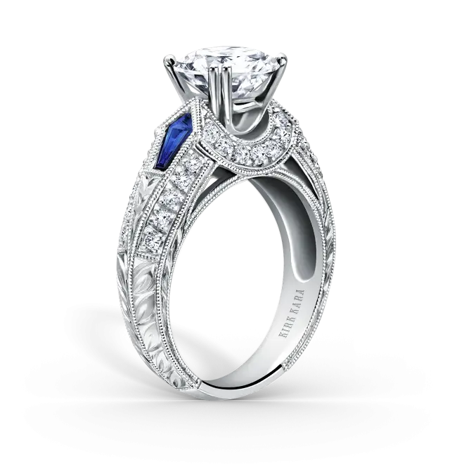 Ornate Diamond Ring with Blue Gemstone Accents