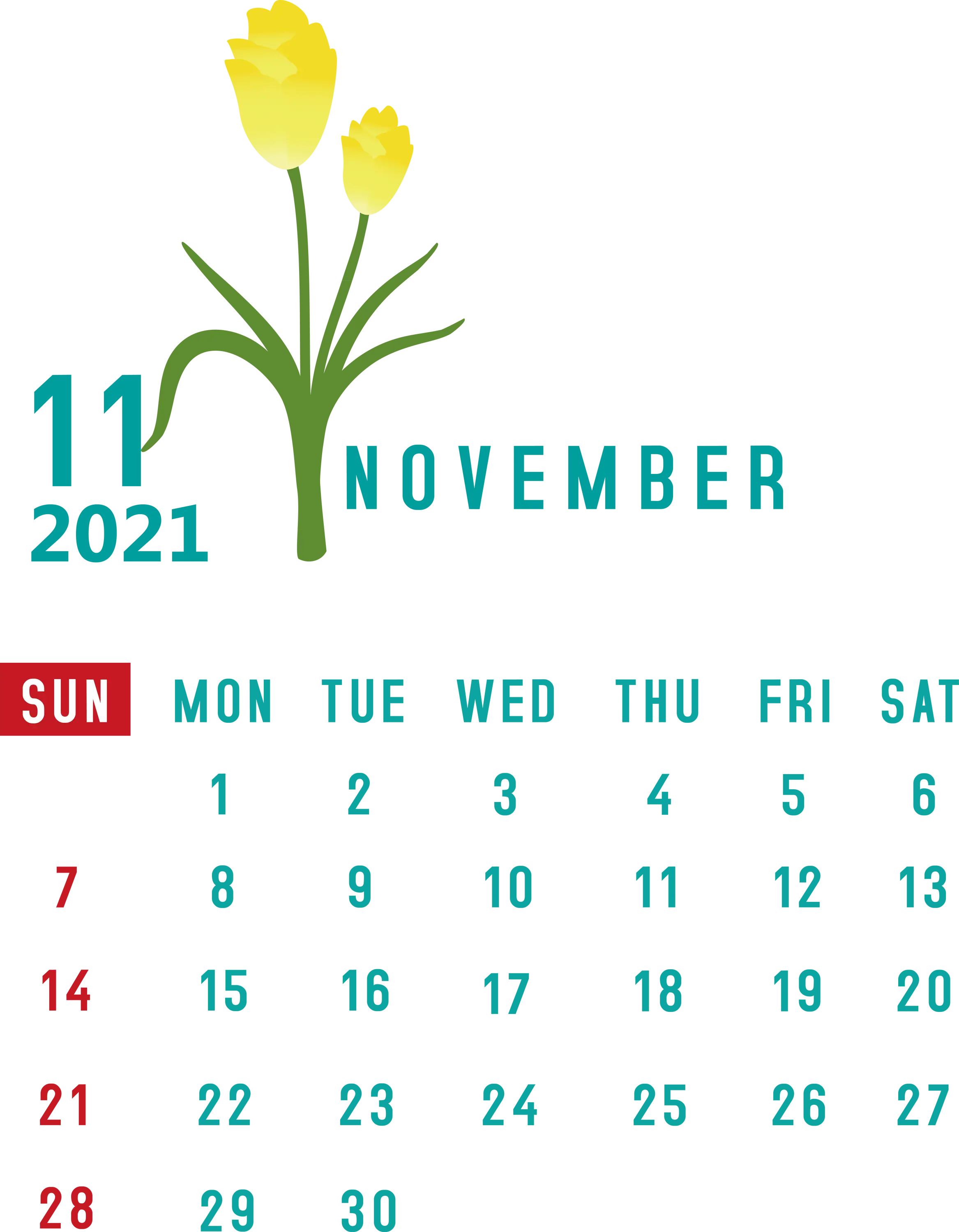 November 2021 Calendar with Tulip Theme