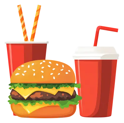 Fast Food Meal with Cheeseburger and Beverages