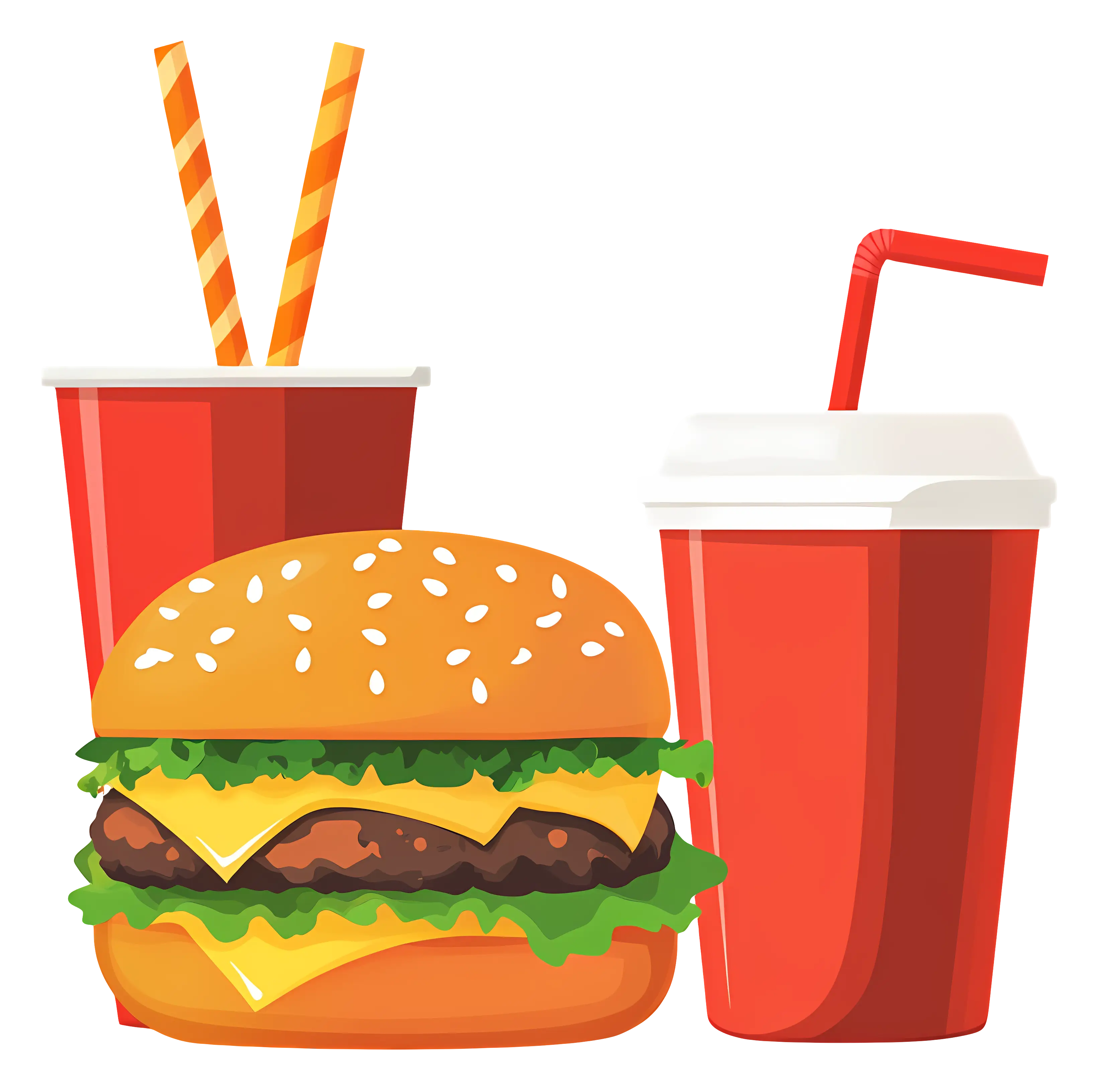 Fast Food Meal with Cheeseburger and Beverages