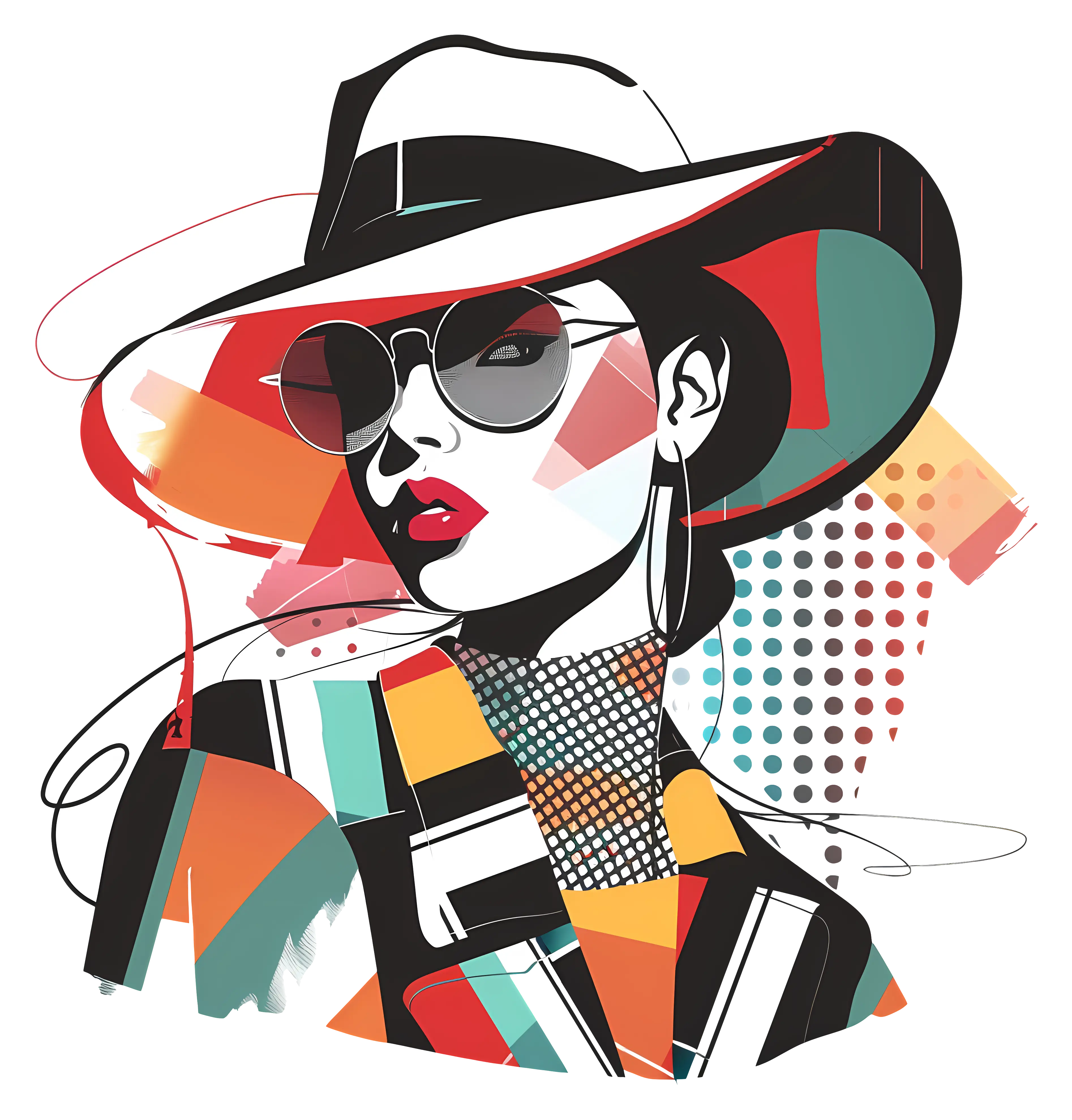 Abstract Fashionable Woman with Hat and Sunglasses