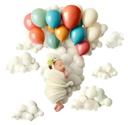 Cute Baby with Balloons in the Clouds