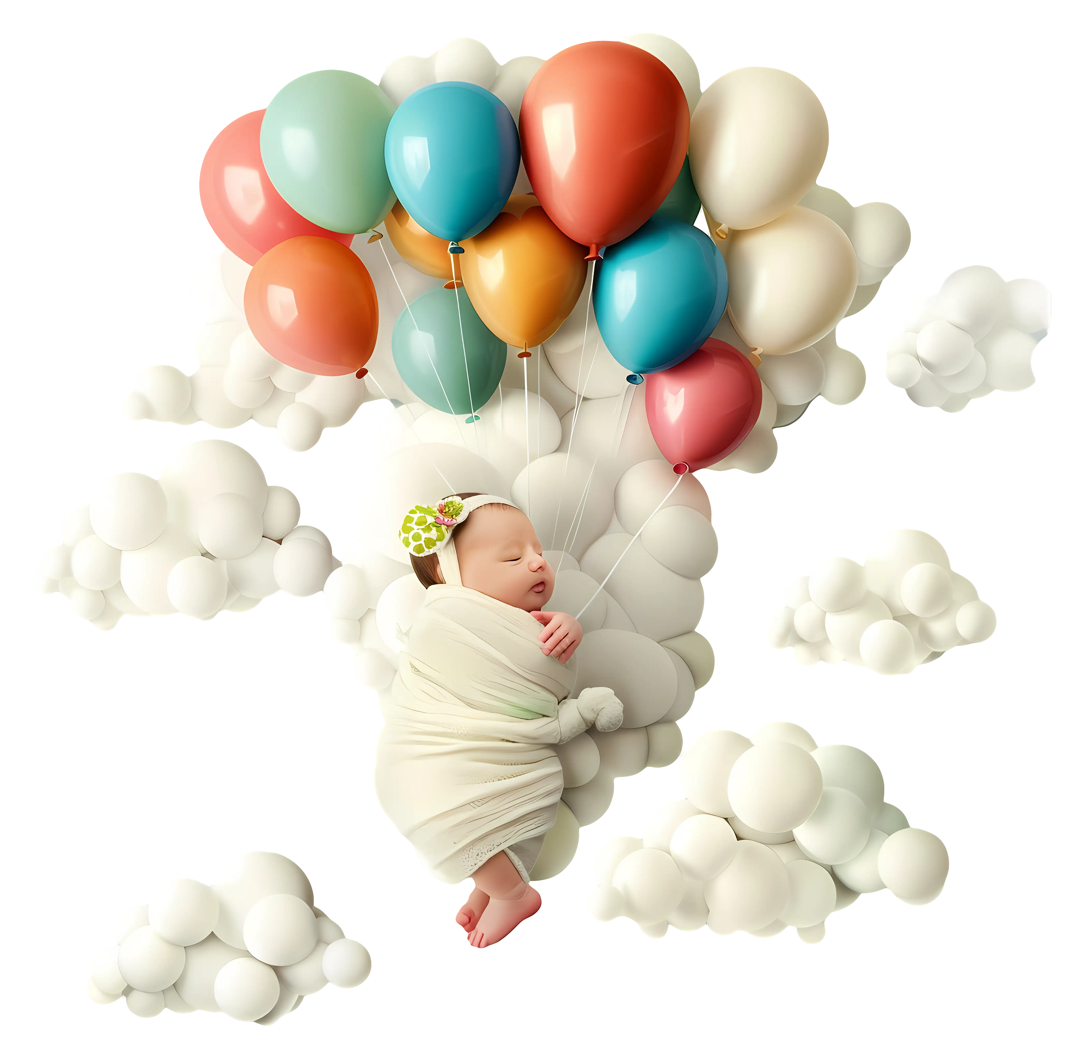 Cute Baby with Balloons in the Clouds
