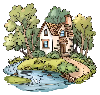 Small Cottage Near a River in a Forest Setting